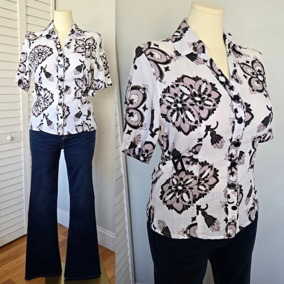 David Brooks Floral Linen Adjustable Buckle Shirt Women's L Retro Classic Summer - Picture 1 of 15